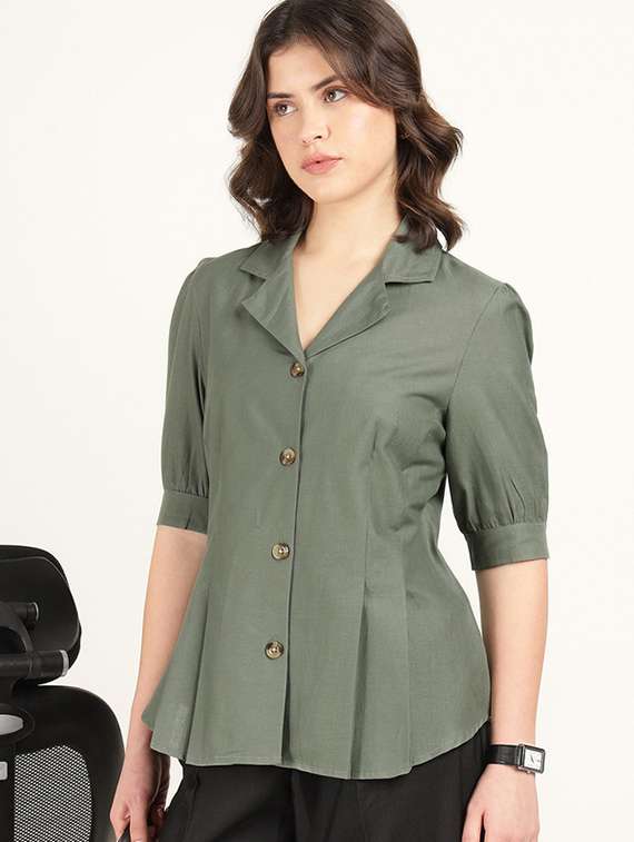 women solid lapel collar puff sleeve shirt