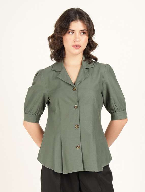 women solid lapel collar puff sleeve shirt - 22320667 -  Standard Image - 2