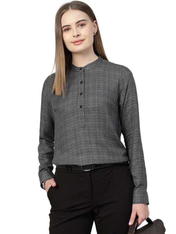 women checkered mandarin collar long sleeve top