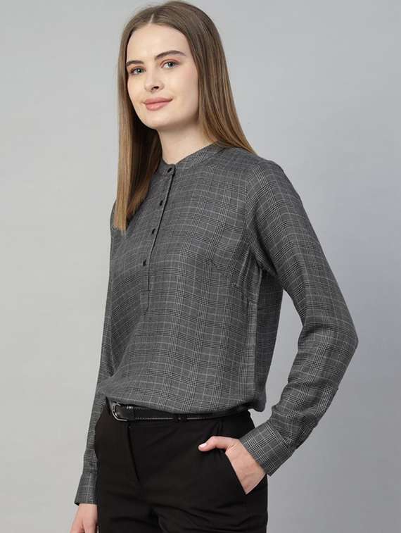 women checkered mandarin collar long sleeve top - 22320694 -  Standard Image - 2
