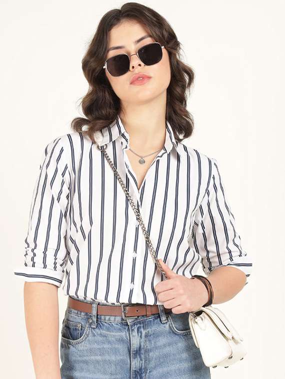 women striped collared three quarter sleeve shirt