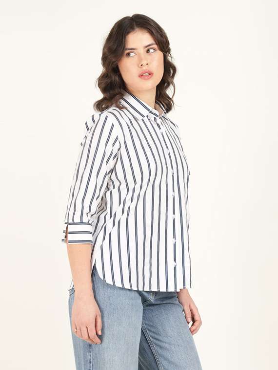 women striped collared three quarter sleeve shirt - 22320695 -  Standard Image - 2