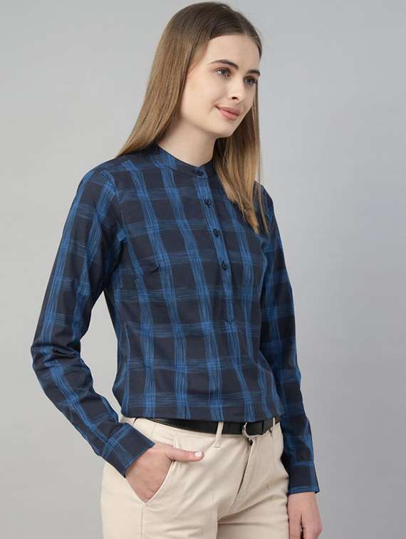 women checkered mandarin collar long sleeve top - 22320696 -  Standard Image - 2