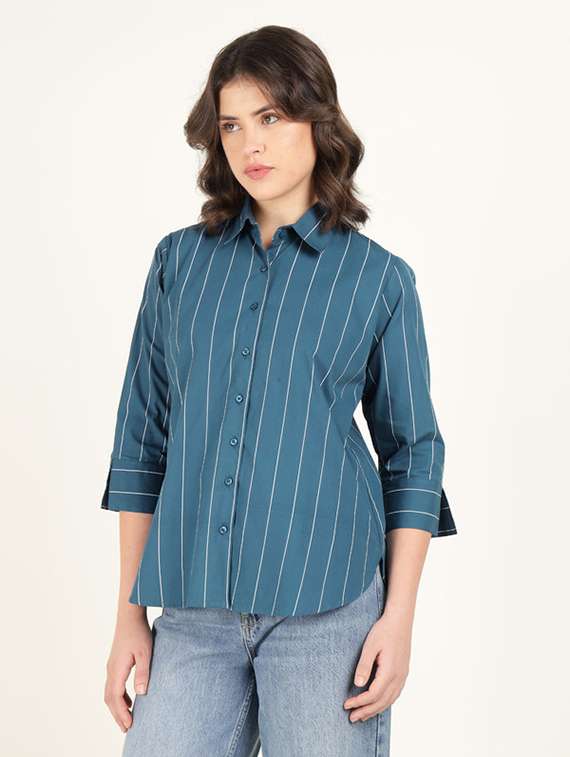 women striped collared three quarter sleeve shirt - 22320702 -  Standard Image - 2