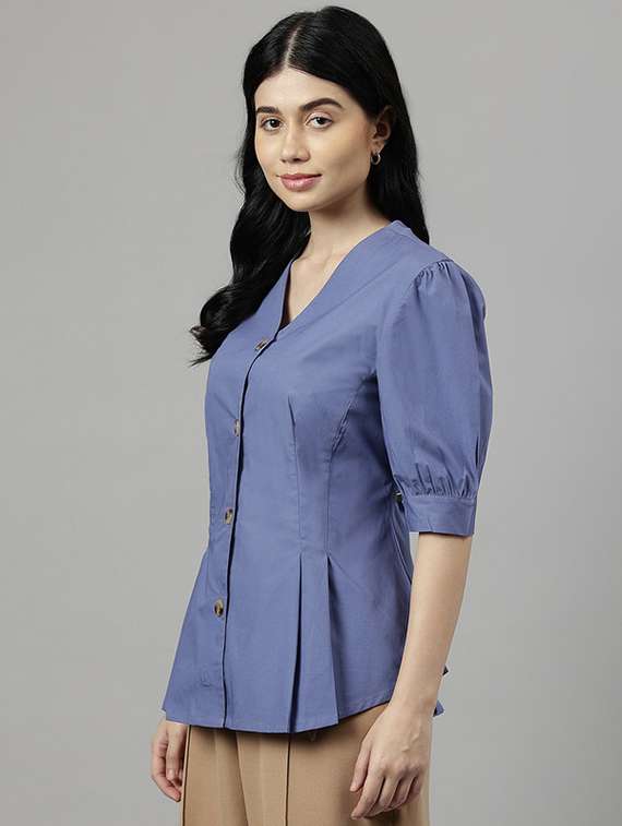 women solid puff sleeve a-line top - 22320725 -  Standard Image - 2