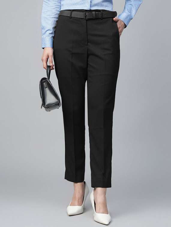 women solid mid rise straight trouser