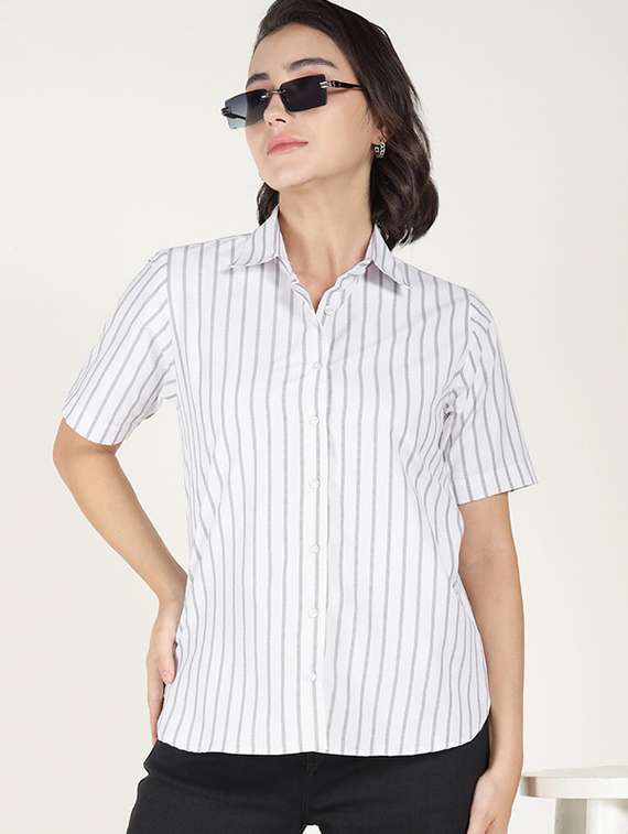 women striped collared short sleeve shirt