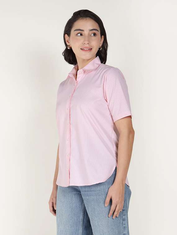 women striped collared short sleeve shirt - 22320777 -  Standard Image - 2