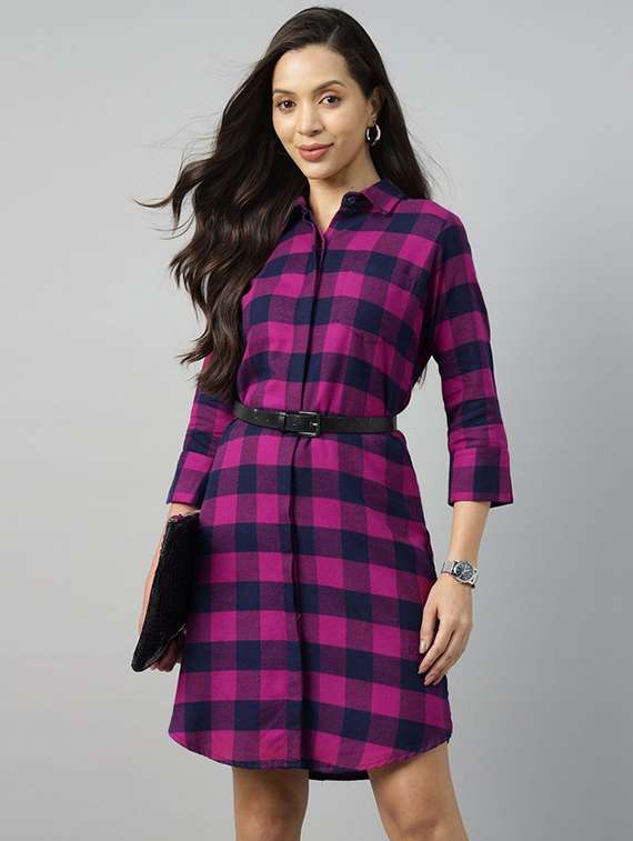 women checkered collared shirt dress