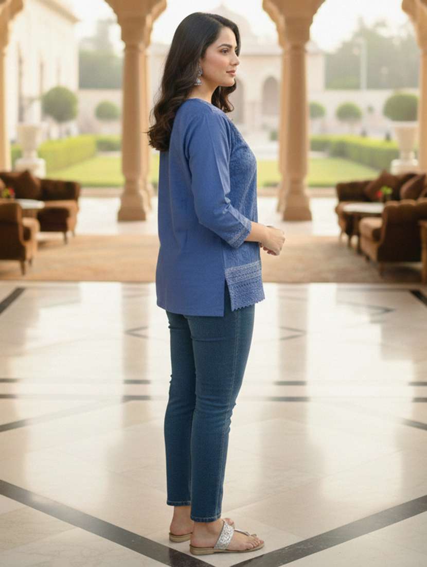 women solid with work three quarter sleeve a-line kurti - 22320797 -  Standard Image - 2