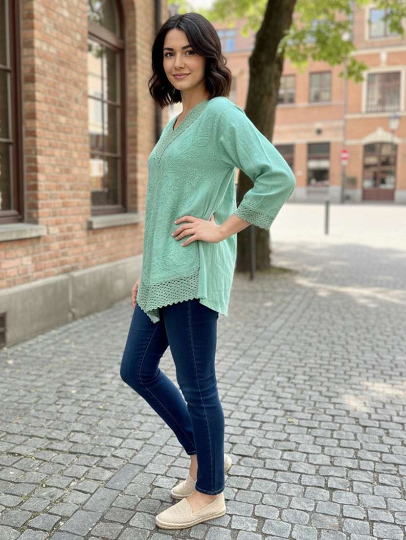 light green rayon embroidered v neck top - 22320800 -  Standard Image - 2