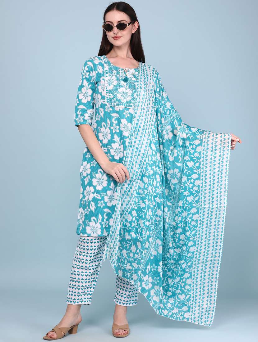 teal cotton kurta pant  set