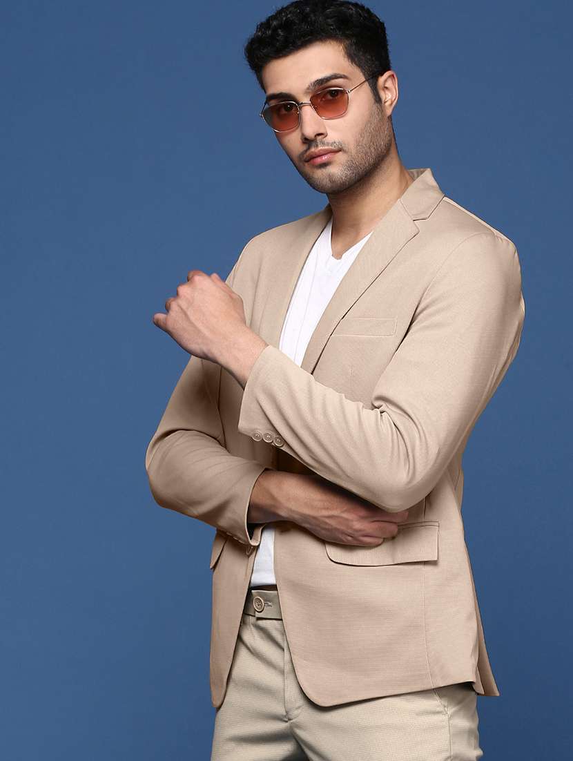 men solid lapel collar single breasted casual blazer