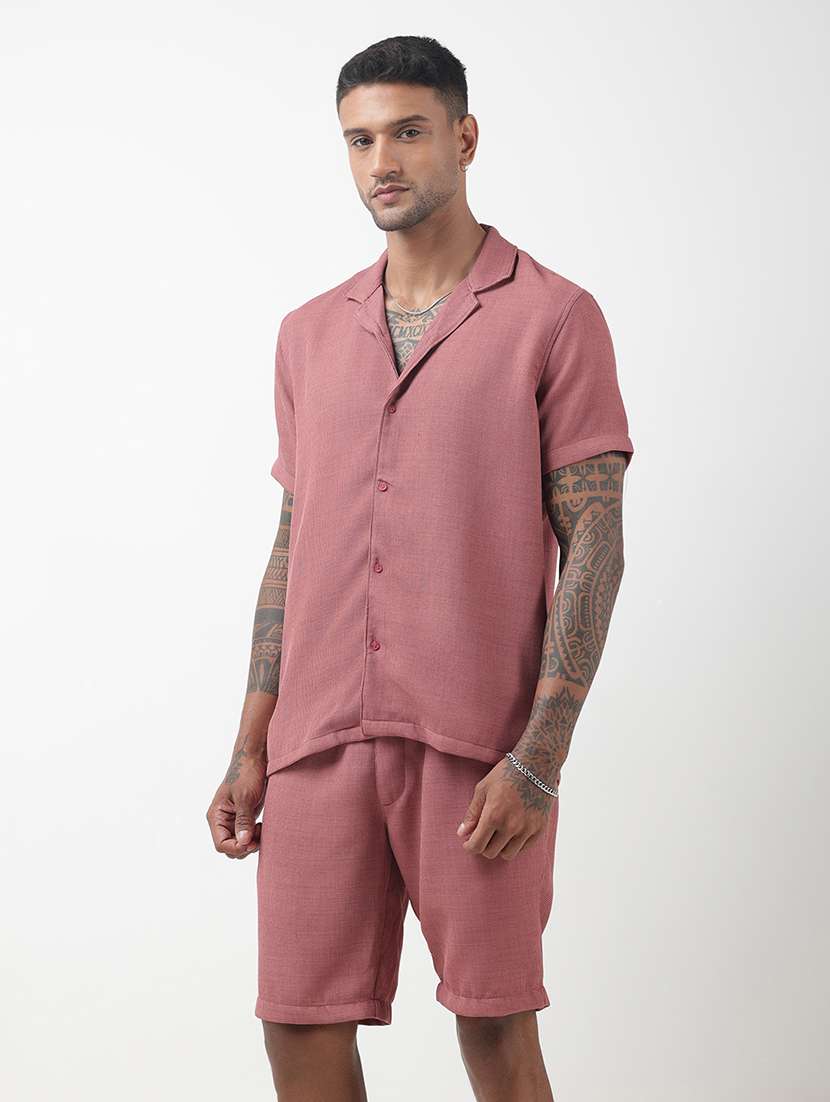 men solid short sleeve shirt & shorts co-ord set - 22321758 -  Standard Image - 2