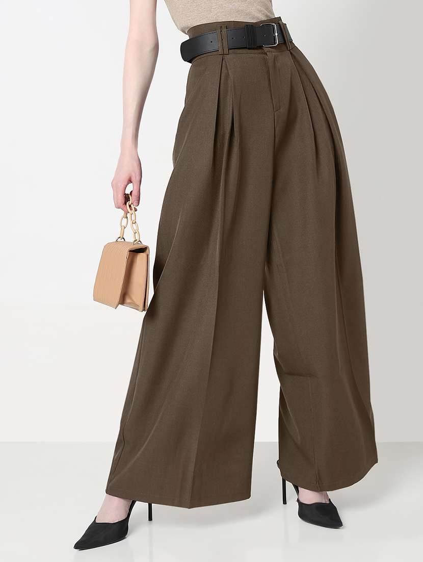 women solid high rise wide leg korean pants 