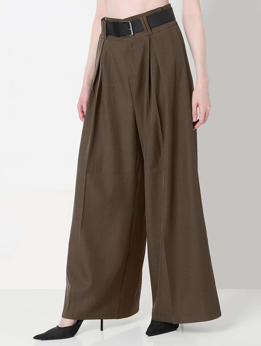 women solid high rise wide leg korean pants  - 22321777 -  Standard Image - 2