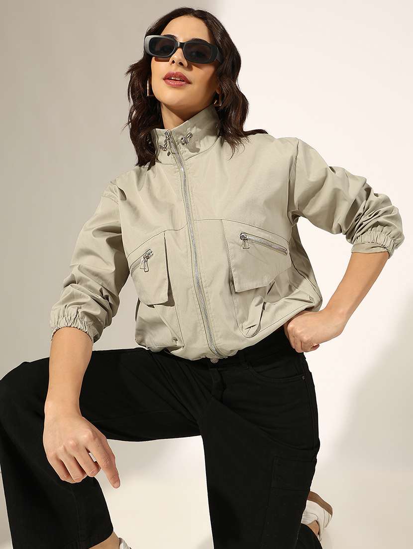 women solid long sleeve stand collar biker jacket