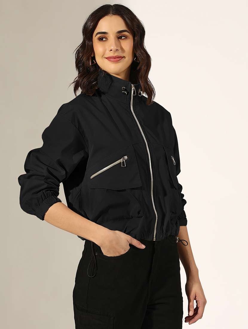 women solid long sleeve stand collar biker jacket - 22321791 -  Standard Image - 2