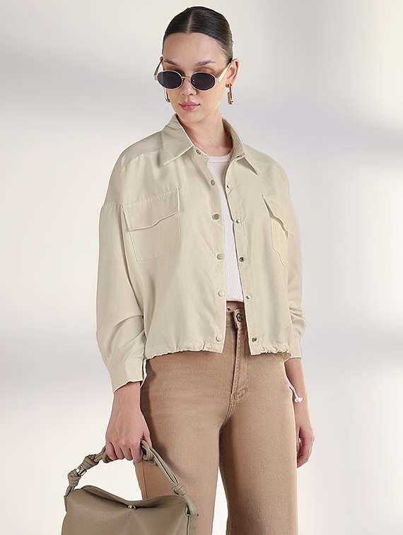 women solid collared long sleeve jacket