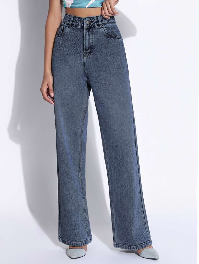 women solid high rise wide leg jean
