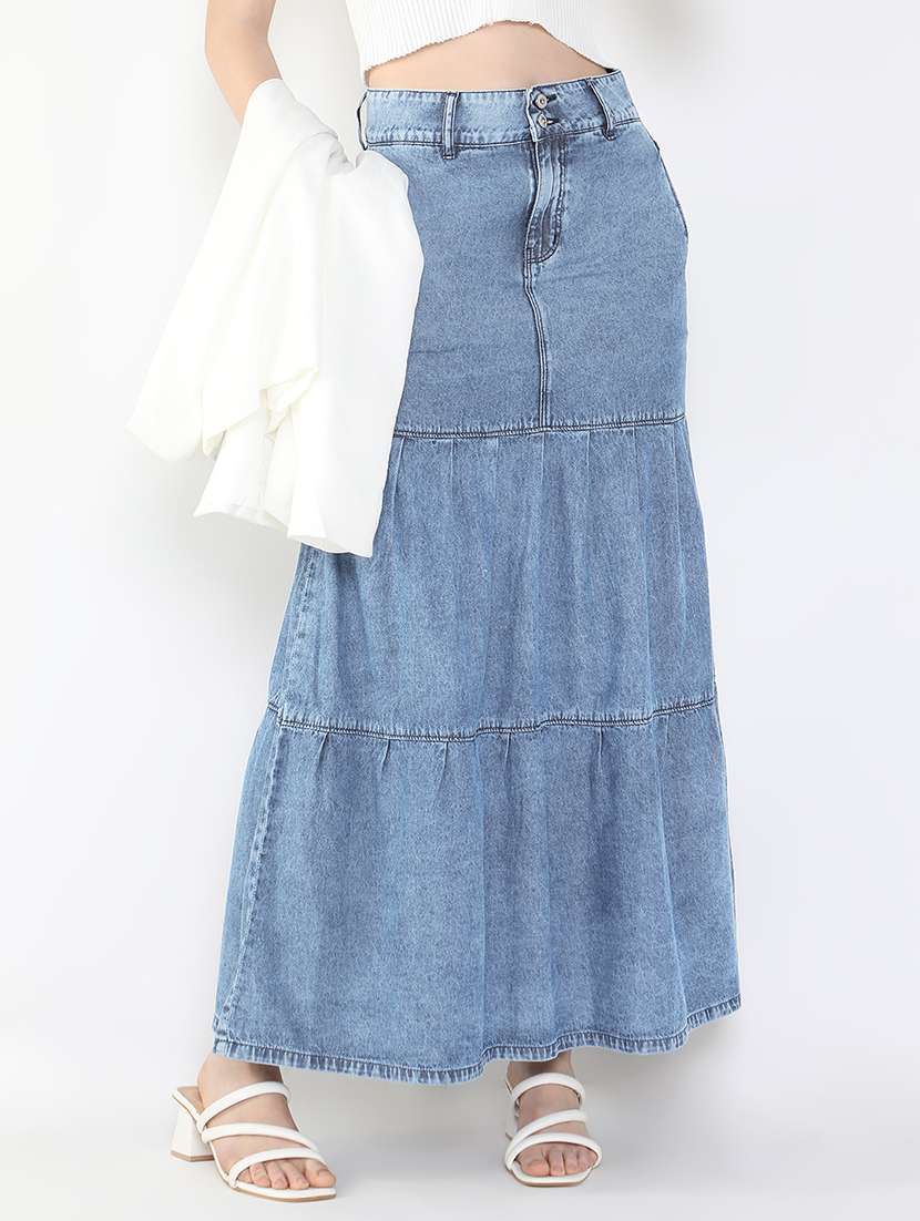 women solid high rise denim maxi skirt