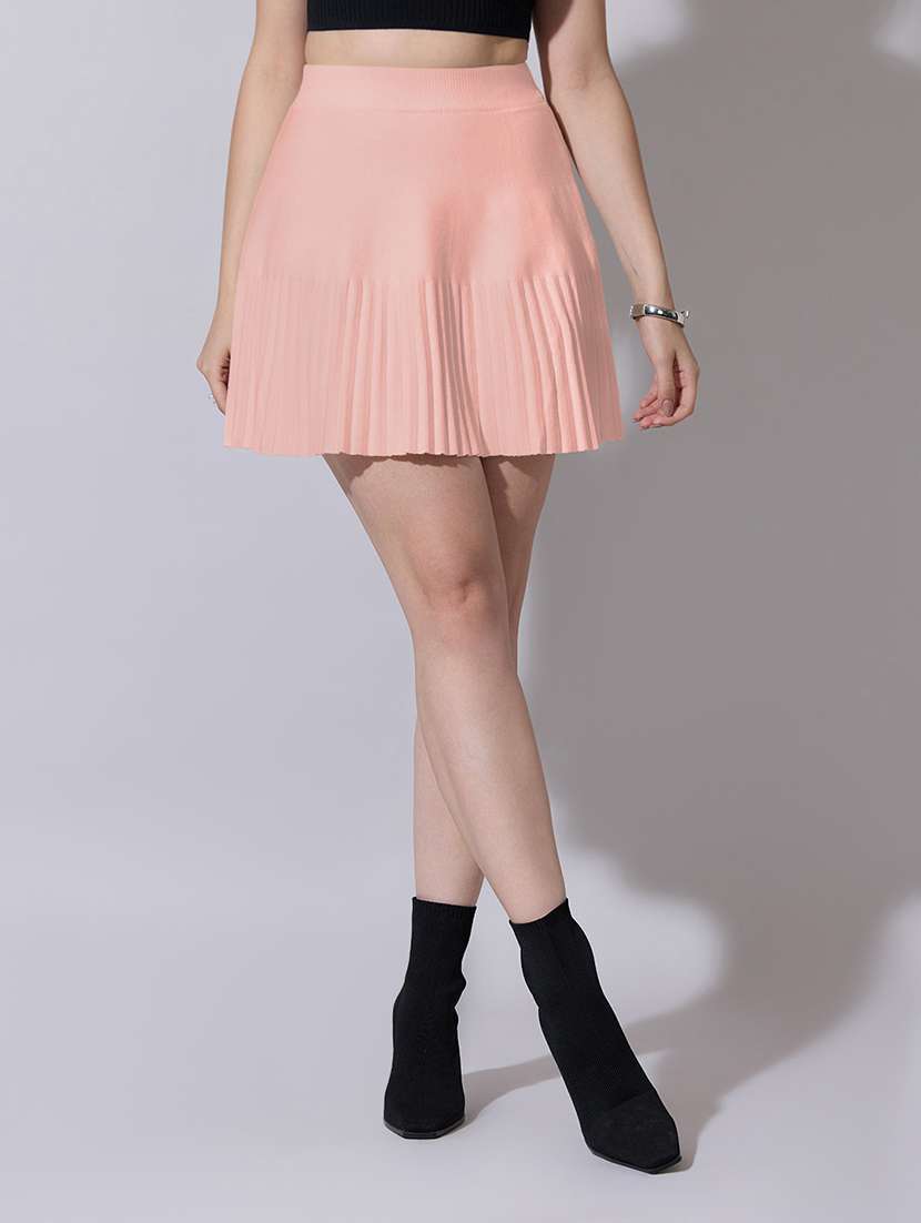 women solid high rise pleated skirt