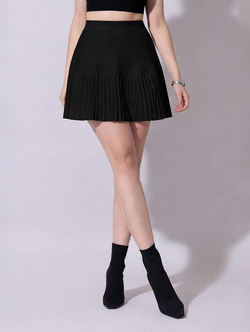 women solid high rise pleated skirt