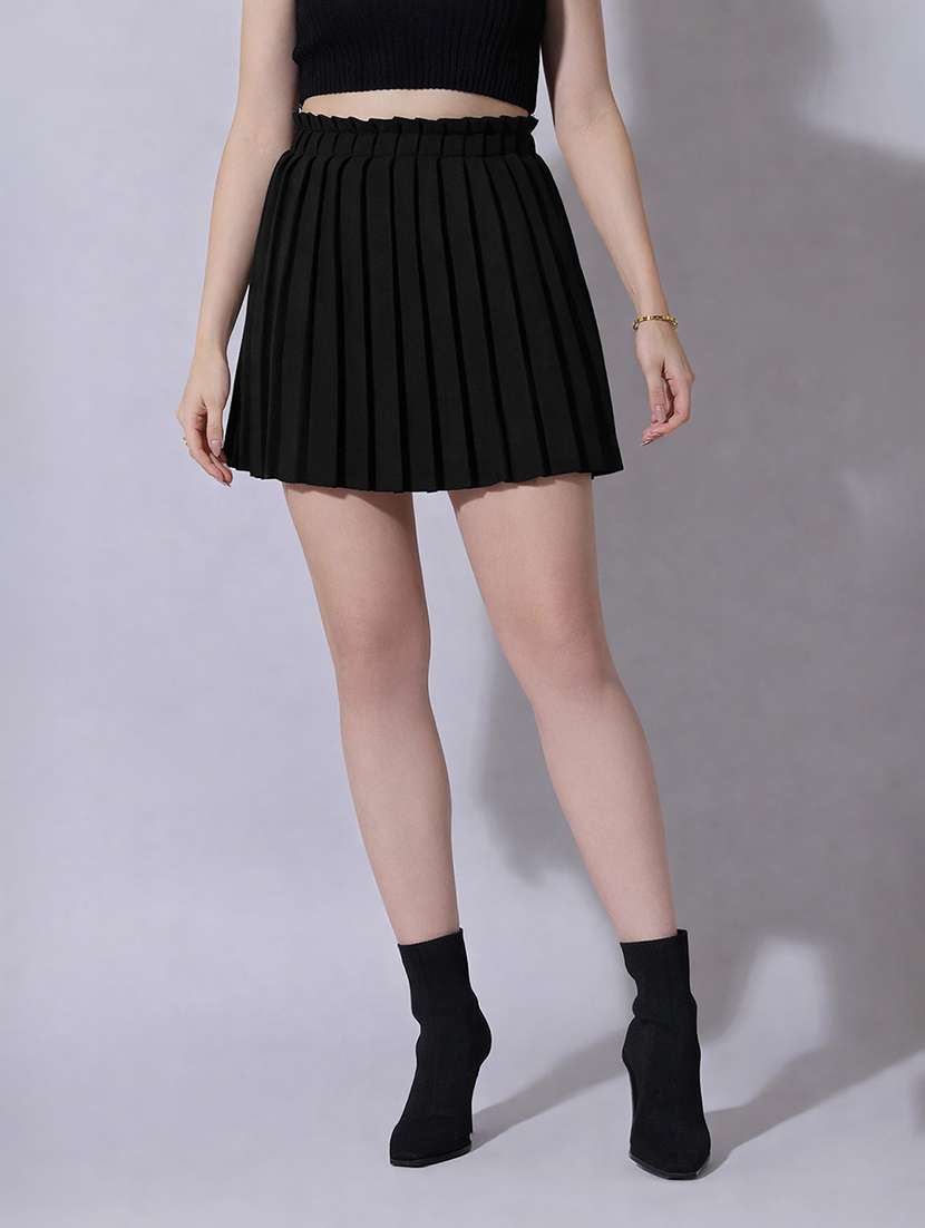 women solid high rise pleated skirt