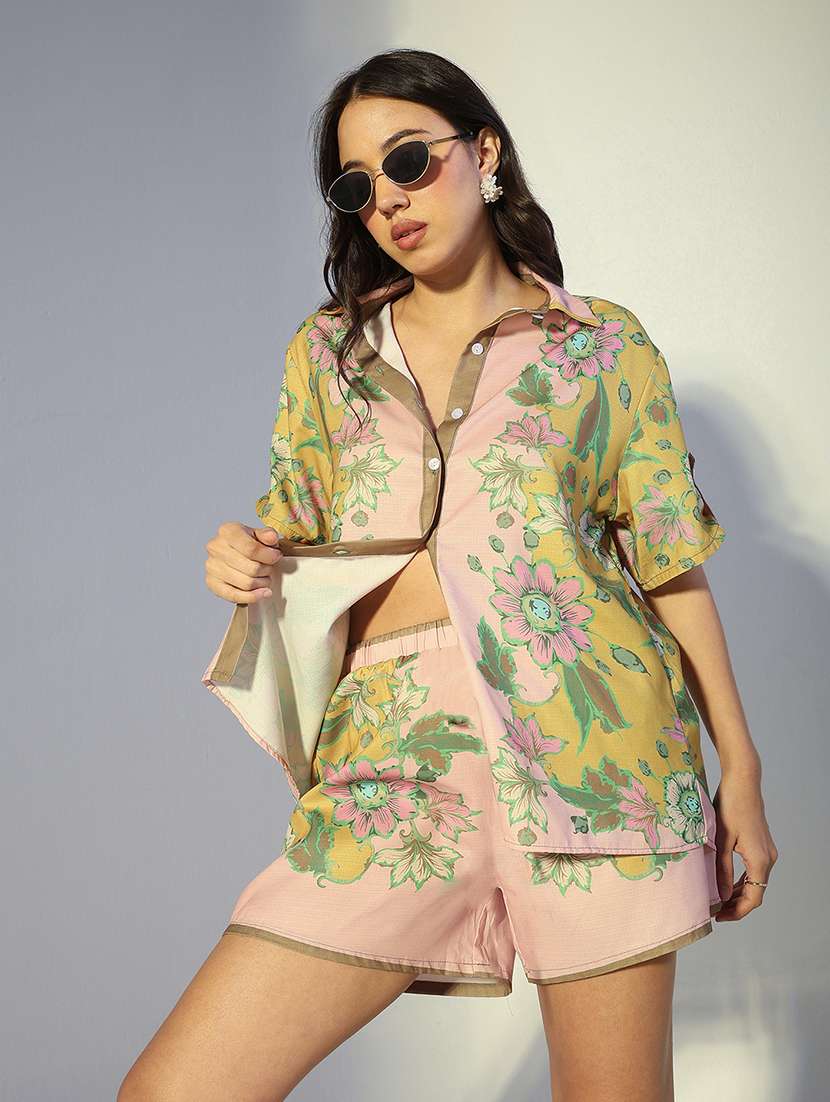 women floral print shirt & short co-ord set
