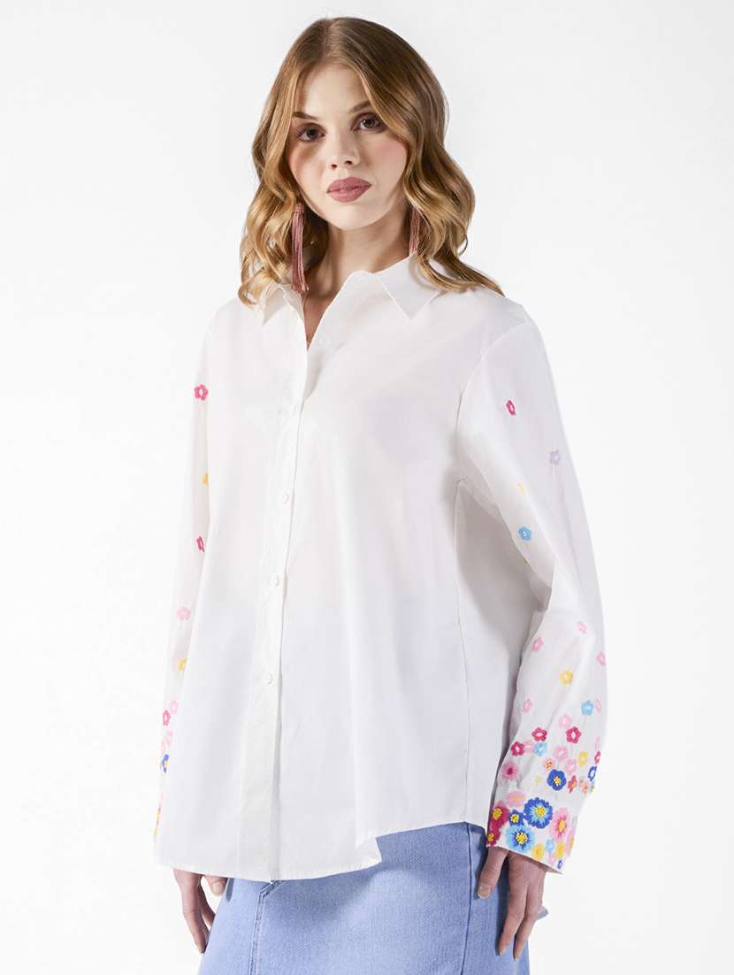 women embroidered collared long sleeve oversized shirt - 22321840 -  Standard Image - 2