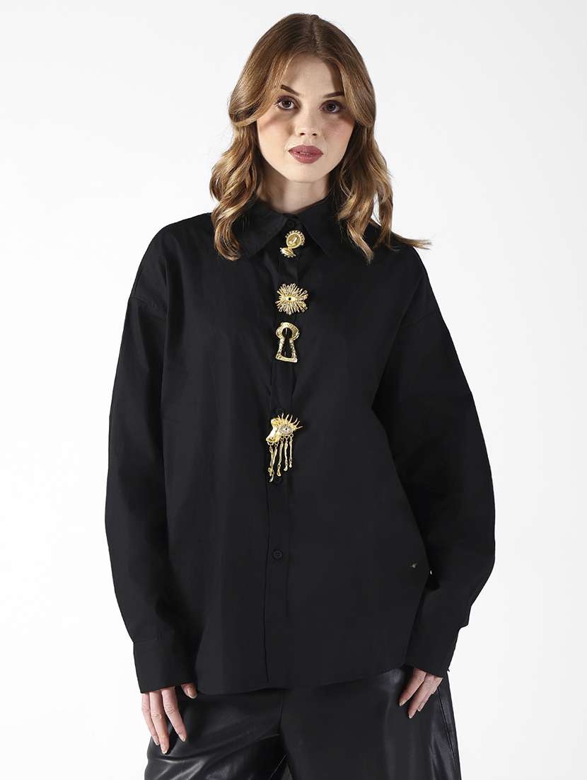 women solid collared long sleeve oversized shirt - 22321841 -  Standard Image - 2