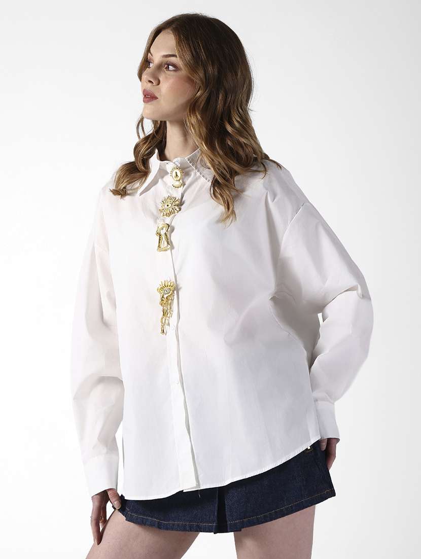 women solid collared long sleeve oversized shirt - 22321842 -  Standard Image - 2