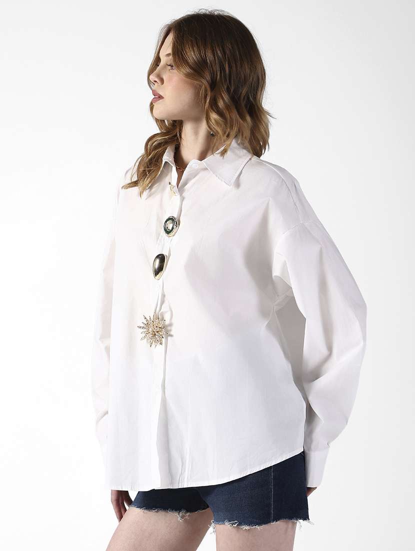 women solid collared long sleeve oversized shirt - 22321845 -  Standard Image - 2