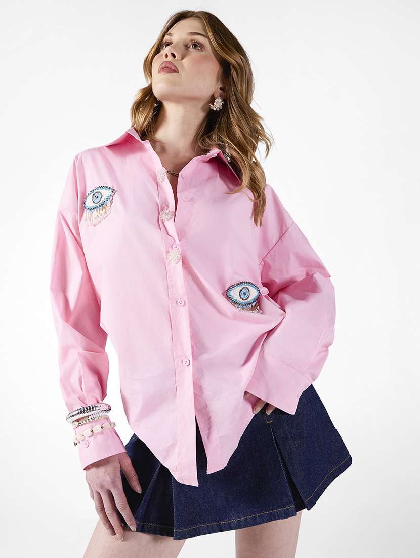 women embroidered long sleeve oversized shirt