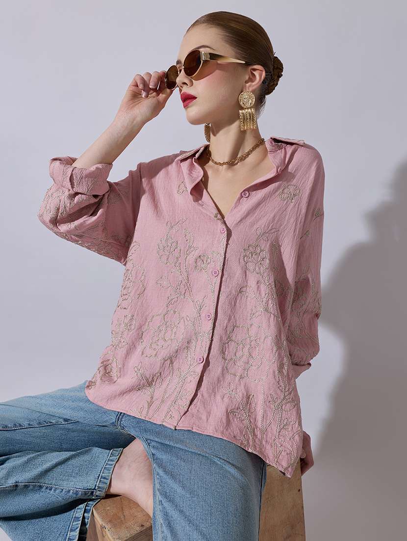 women embroidered long sleeve oversized shirt