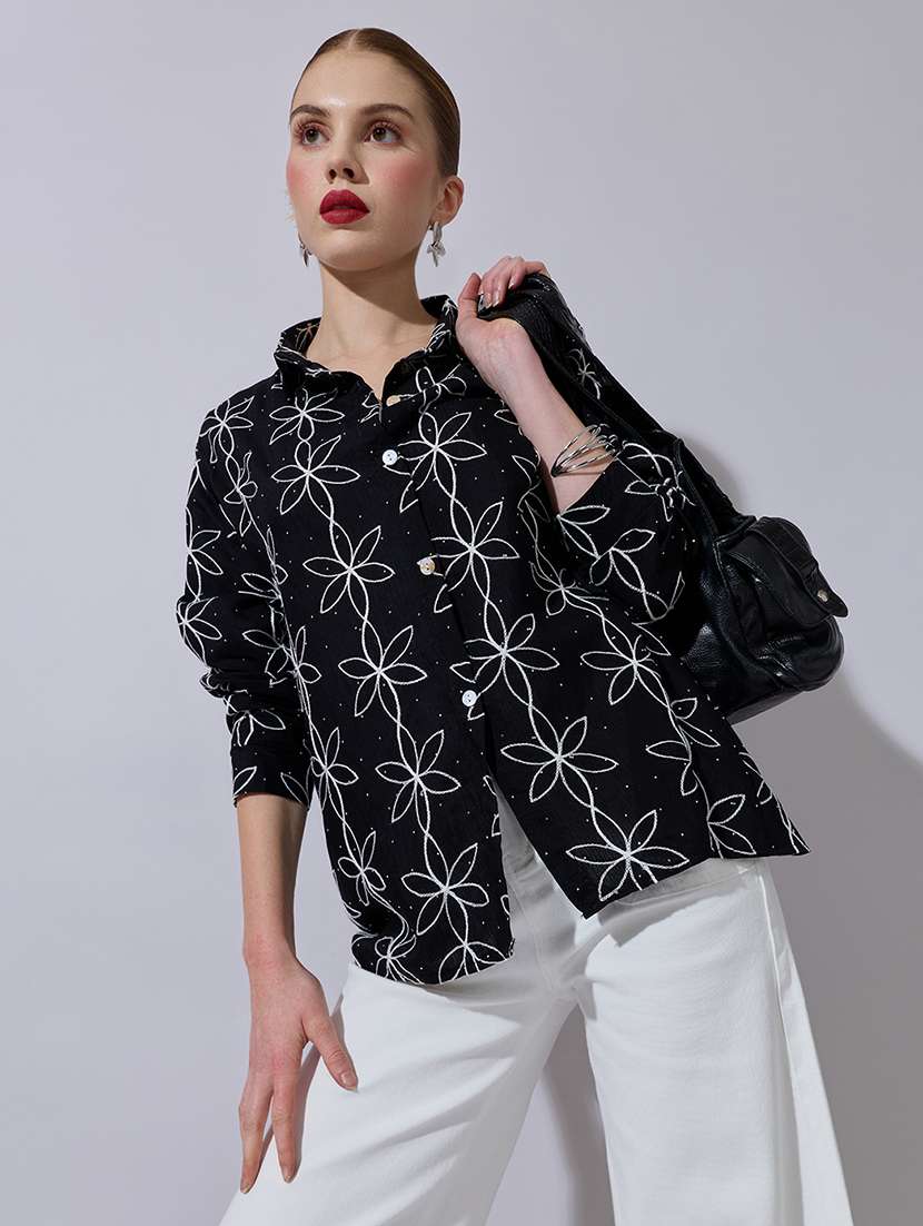 women embroidered long sleeve oversized shirt