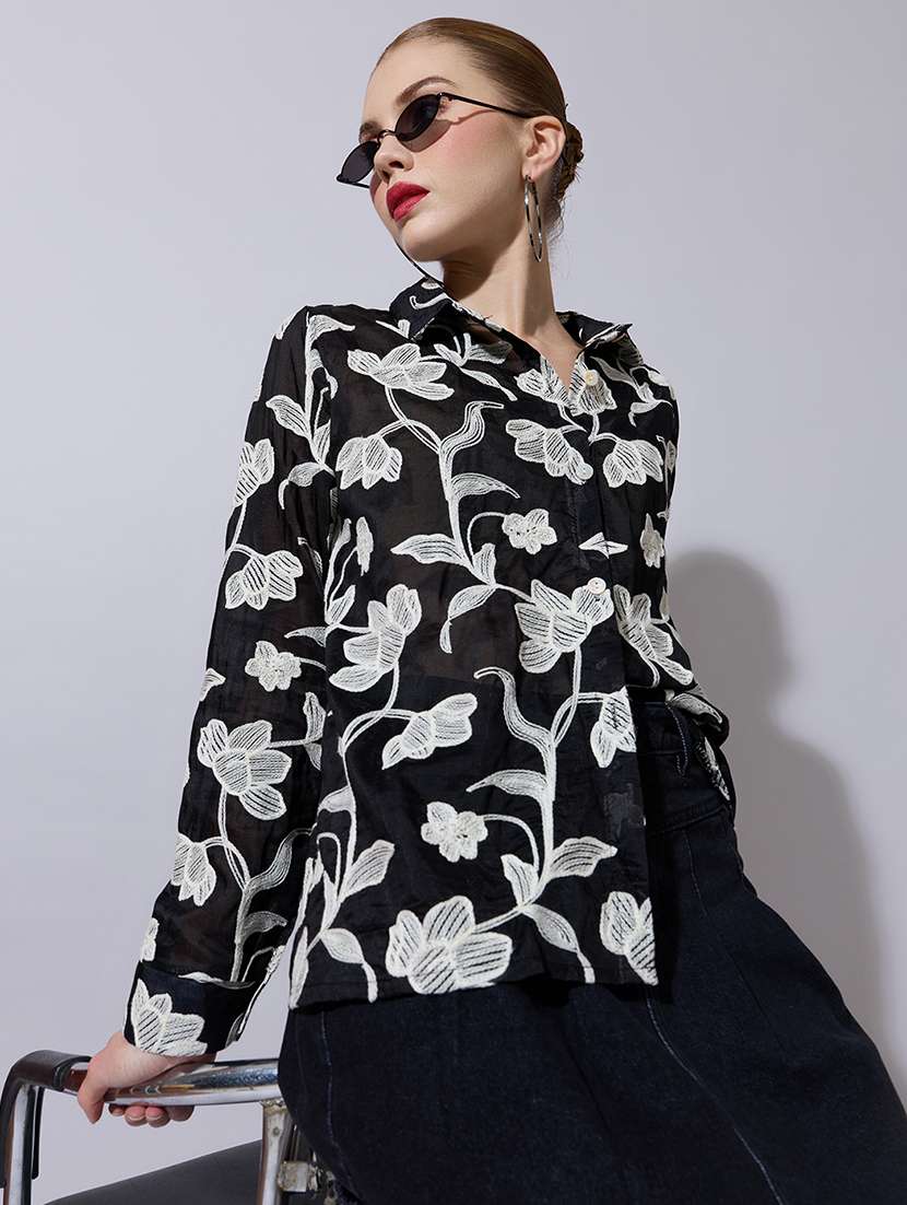 women embroidered long sleeve oversized shirt