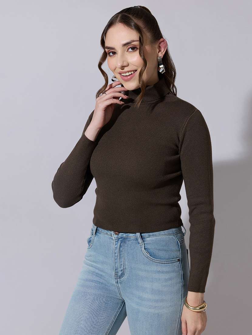 women solid high neck long sleeve crop top - 22321896 -  Standard Image - 2