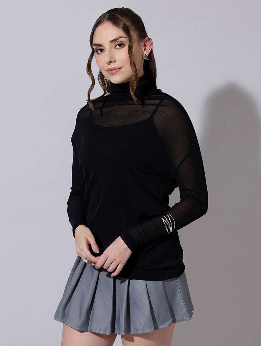 women solid high neck long sleeve top - 22321899 -  Standard Image - 2