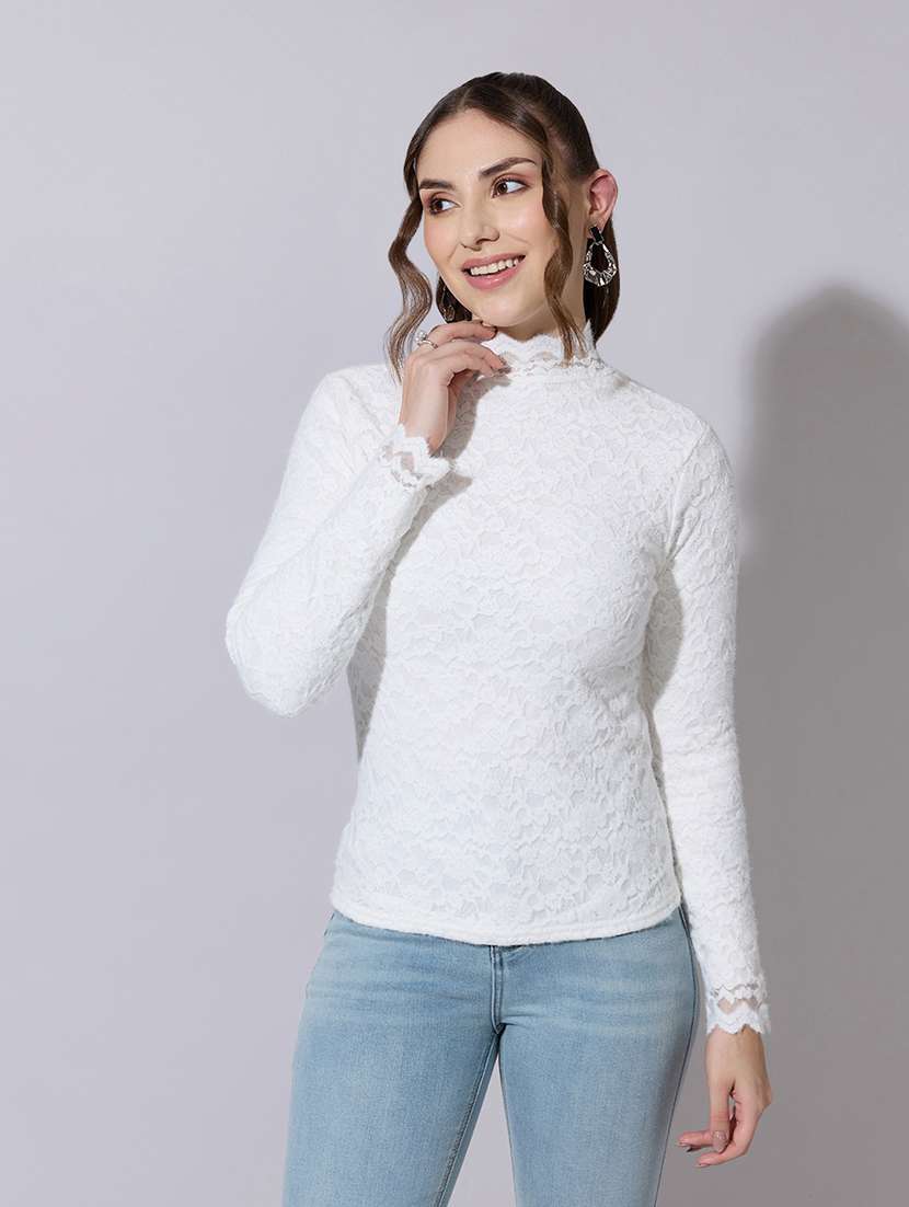 women solid long sleeve lace top