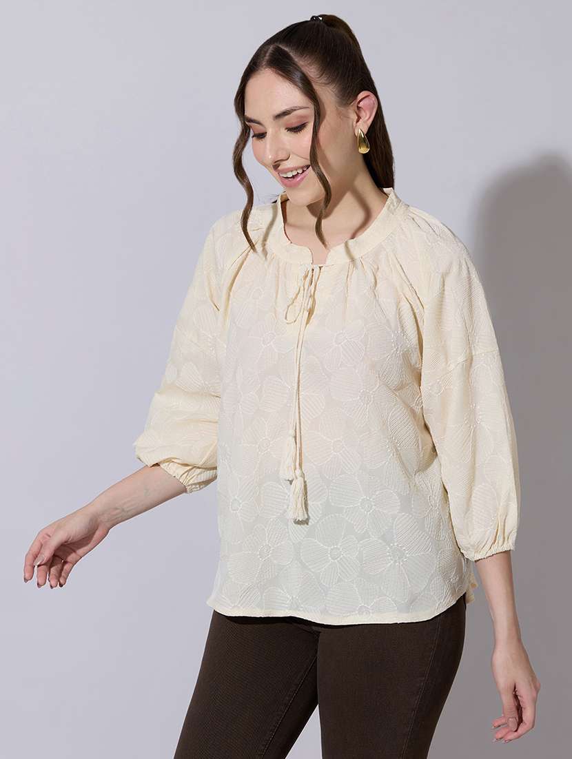 women embroidered tie up neck a-line top  - 22321904 -  Standard Image - 2