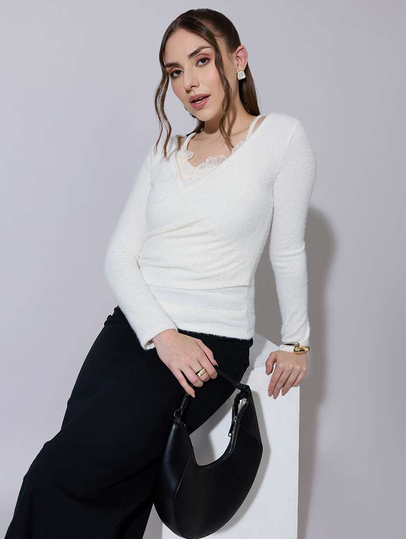 women solid long sleeve lace detailed top