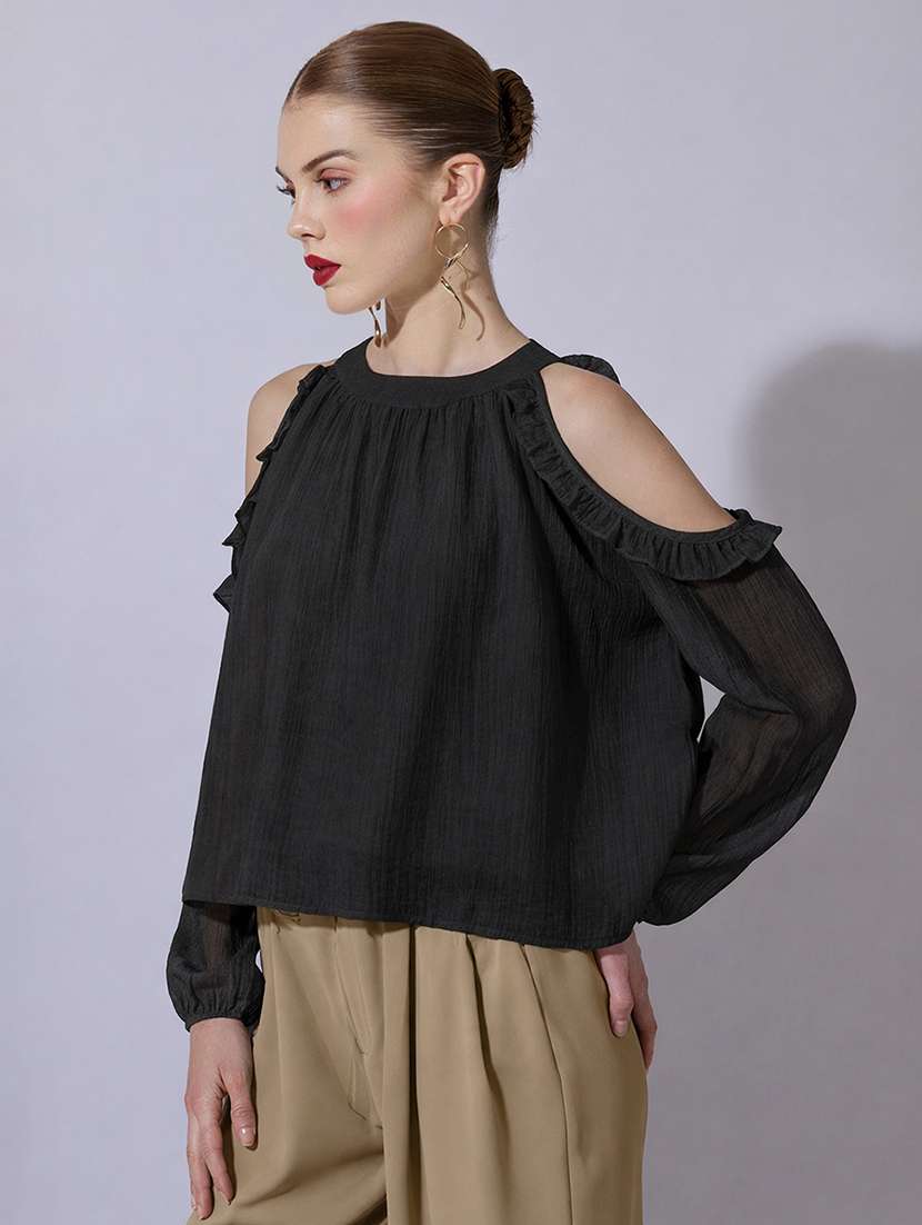 women solid cold shoulder a-line top - 22321907 -  Standard Image - 2