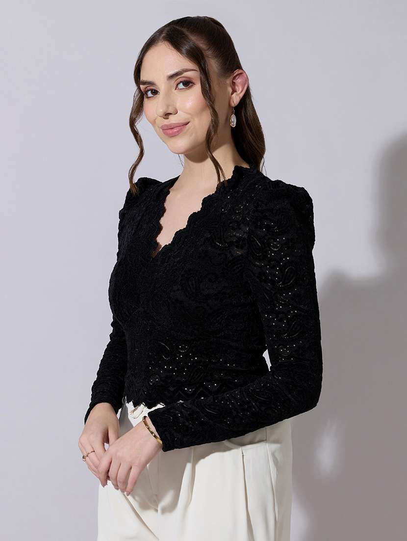women solid puff sleeve lace crop top - 22321919 -  Standard Image - 2