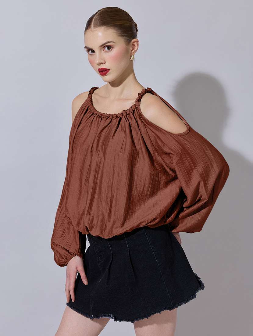 women solid cold shoulder blouson top - 22321920 -  Standard Image - 2