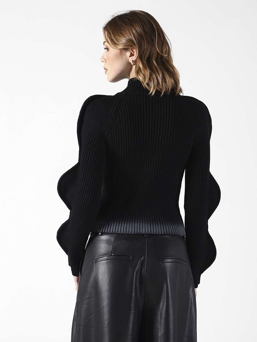women solid puff sleeve front zip top - 22321928 -  Standard Image - 2