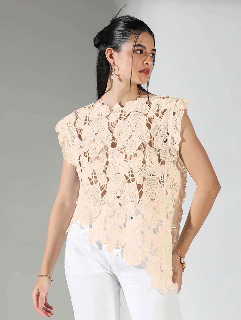 women self designed sleeveless crochet asymmetric top