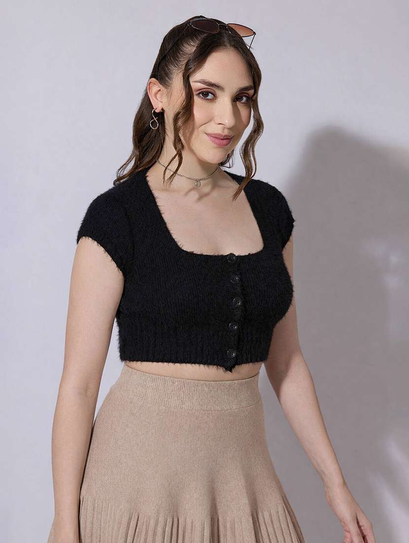women solid short sleeve crop top - 22321938 -  Standard Image - 2