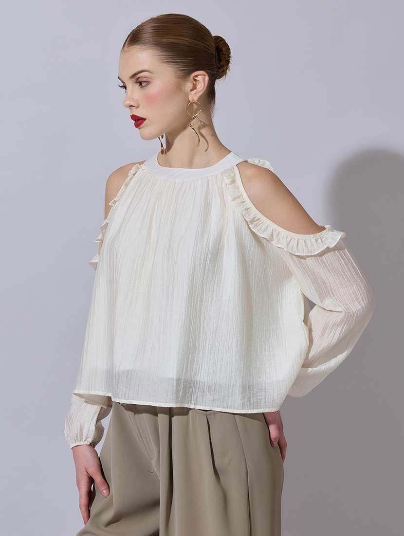 women solid cold shoulder a-line top - 22321946 -  Standard Image - 2