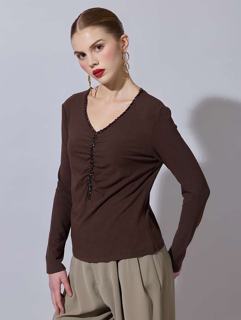 women solid long sleeve straight top - 22321947 -  Standard Image - 2